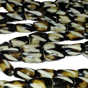 Hand Carved Batik Bone Beads Brown Cream Diagonal Etched Barrel Tribal Strand